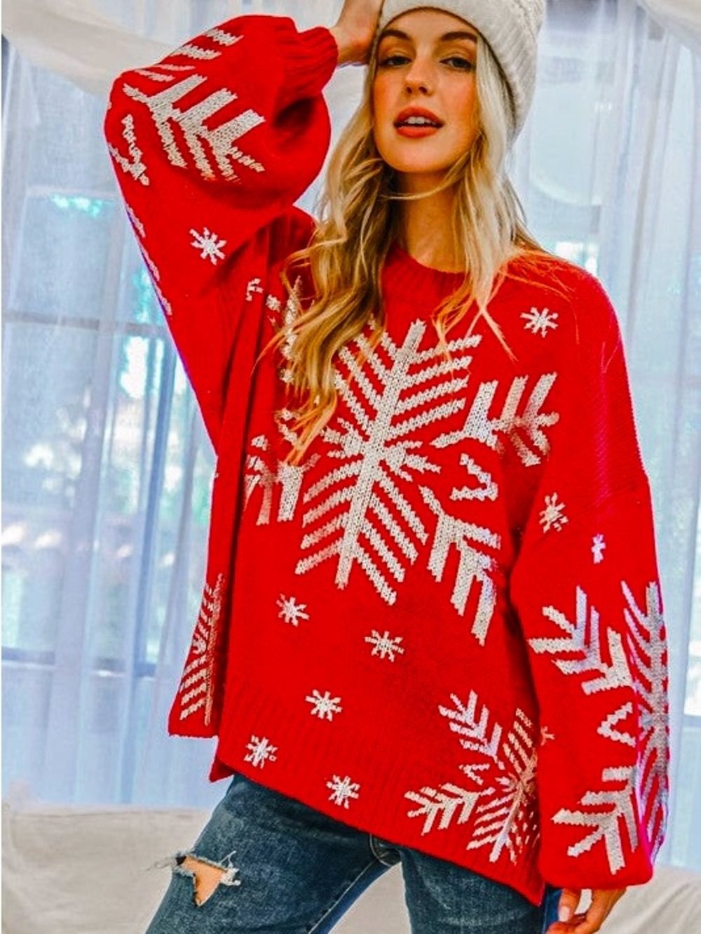 New Christmas Snowflake Long Sleeve Oversized Red/Silver Sweater Size S/M